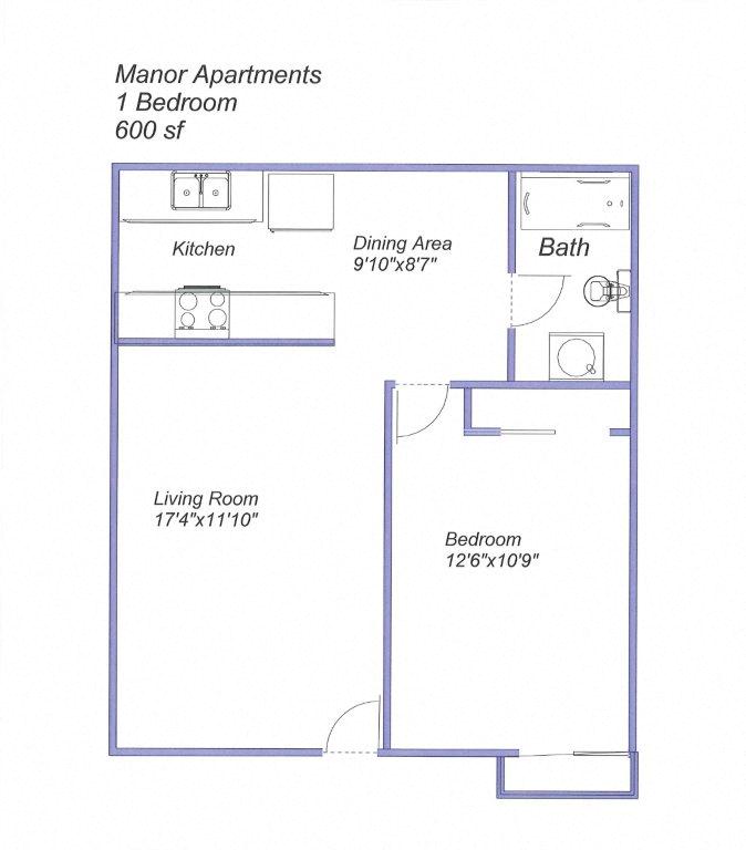 1 Bedroom Floor Plan at Manor Apartments, Rohnert Park, CA, 94928